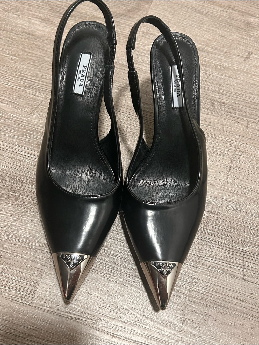 Prada Black Leather Pointed Slingback Pumps with Silver Cap